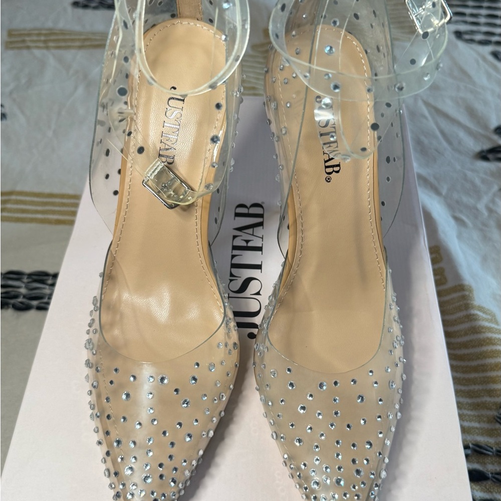JustFab Nude Pointed-Toe Heels with Clear Ankle Strap and Rhinestones